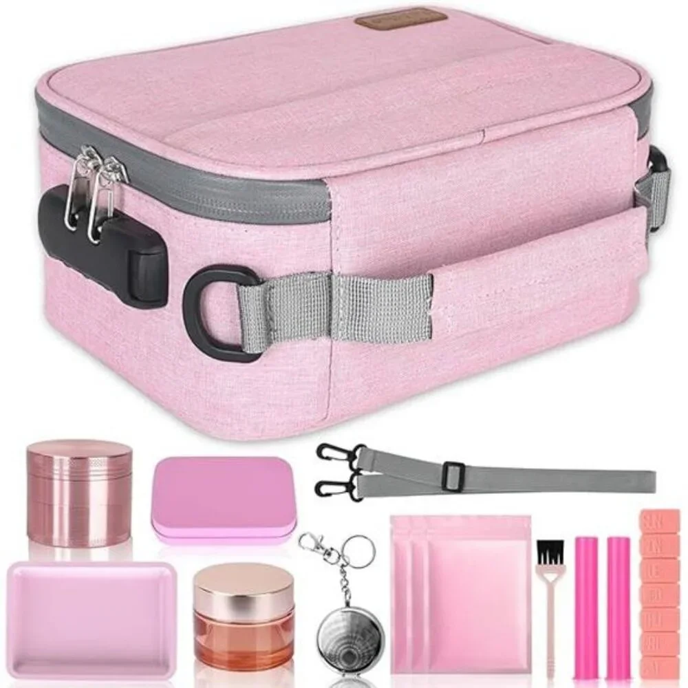 Pink lockable storage case with smell proof bag organizer set travel safe box